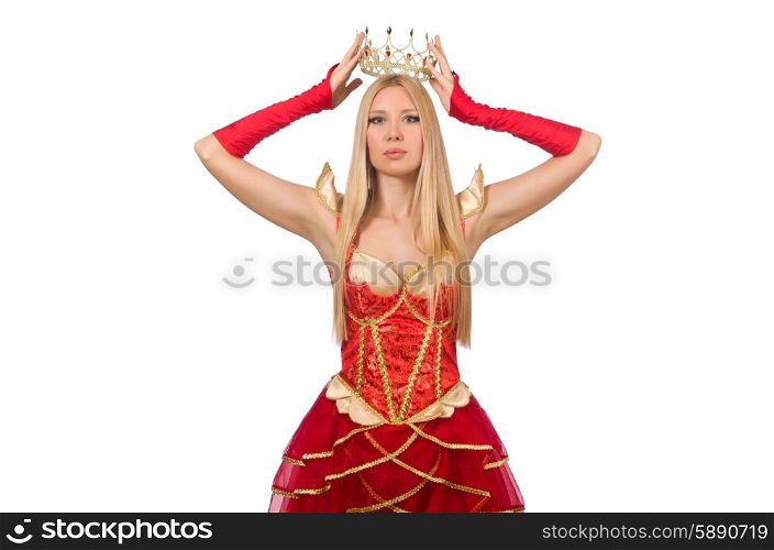 Queen in red dress isolated on white