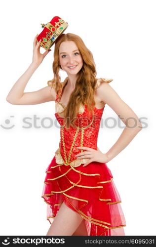 Queen in red dress isolated on white