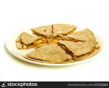 Quesadilla with chicken and maze under oatmeal tortilla