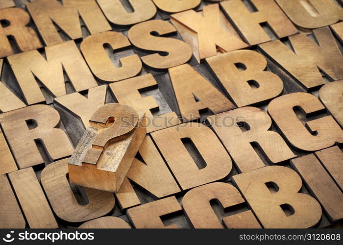question mark and alphabet in vintage letterpress wood type