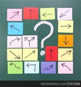 Question mark and colorful paper with different direction.