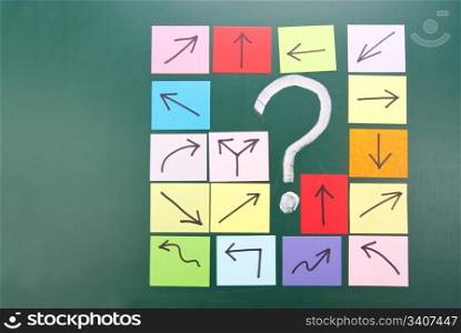 Question mark and colorful paper with different direction.