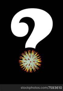 Question mark and Coronavirus particle overlayed on the subject of viral infection