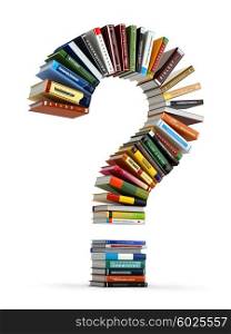 Question mark from books. Searching information or FAQ edication concept 3d