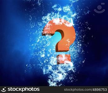 Question mark in water. Question mark sink in clear blue water