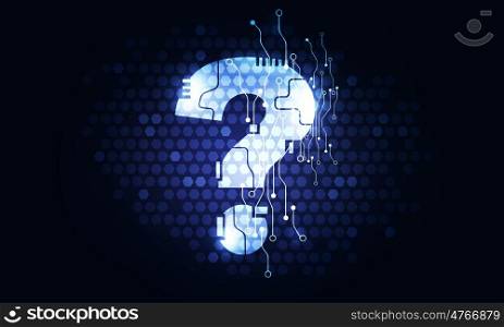 Question mark on curcuit board. Glowing question mark icon on digital dark background