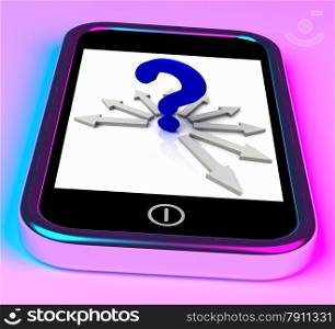 . Question Mark On Smartphone Shows Mobile Questionnaire Or Uncertainty