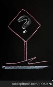 Question mark sign drawn with red chalk on a blackboard background