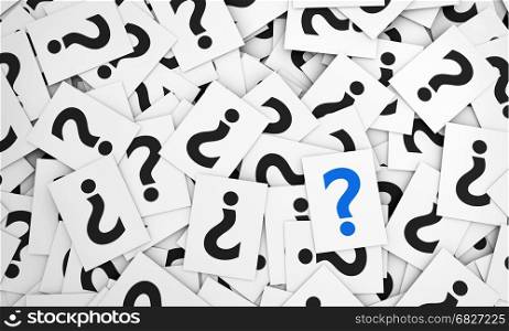 Question mark sign, symbol and icon on many scattered papers 3D illustration.