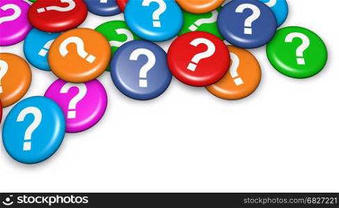 Question mark symbol and icon on colorful badges concept 3d illustration on white background.