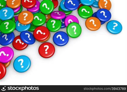 Question mark symbol and icon on scattered colorful badges conceptual 3d illustration for web and online business.