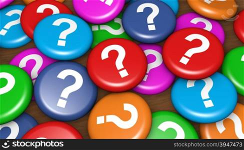 Question mark symbol and icon on scattered colorful badges customer questions concept 3d illustration for web and online business.