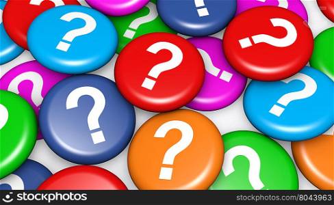 Question mark symbol and icon on scattered colorful badges customer questions concept 3d illustration for web and online business.