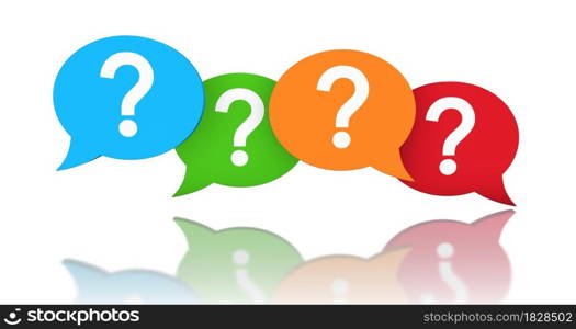 Question mark symbol and sign on colorful speech bubbles, customer questions, faqs and business assistance concept 3D illustration on white background.