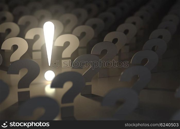 Question marks and exclamation sign. Idea or problem concept. 3d illustration