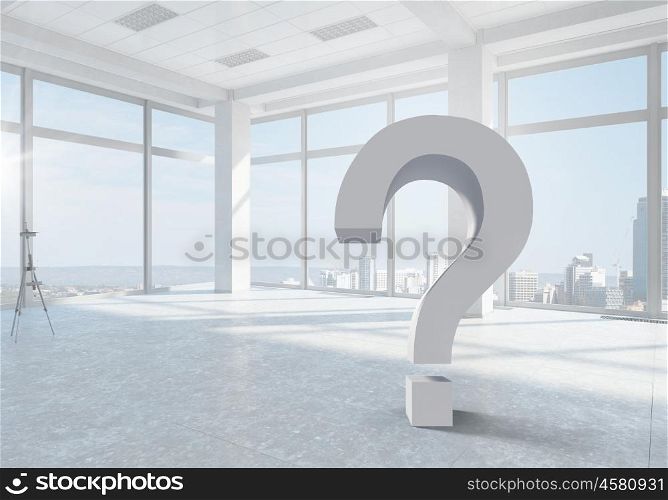 Question of interior design. Bright modern interior with big question mark sign