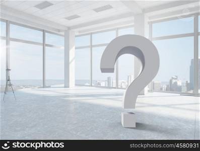 Question of interior design. Bright modern interior with big question mark sign