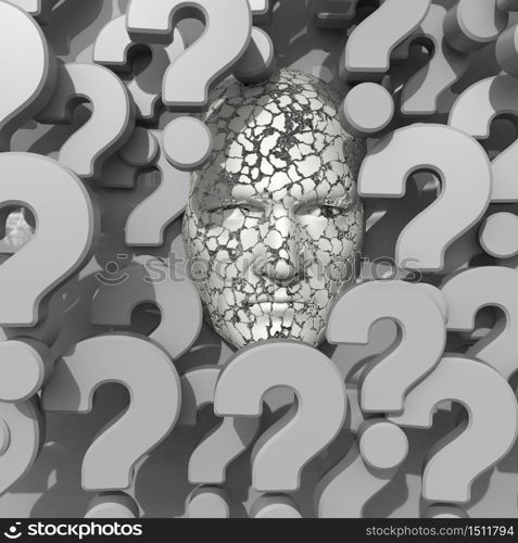 Question orDilemmaConcept with the Head of a Man, Thinking Man withQuestion Mark,Portrait of Thoughtful Man Surrounded by Problems or Difficulties in Life