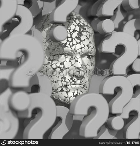 Question orDilemmaConcept with the Head of a Man, Thinking Man withQuestion Mark,Portrait of Thoughtful Man Surrounded by Problems or Difficulties in Life