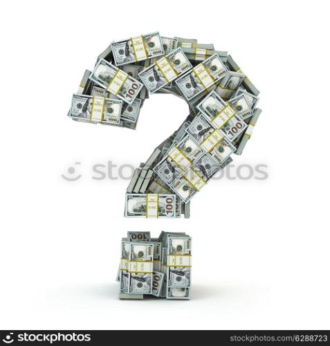 Question sign from packs of dollar isolated on white. Where to invest money concept. 3d