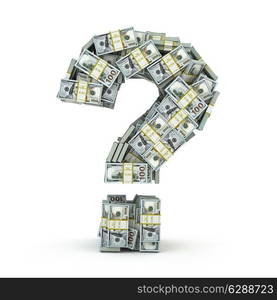 Question sign from packs of dollar isolated on white. Where to invest money concept. 3d