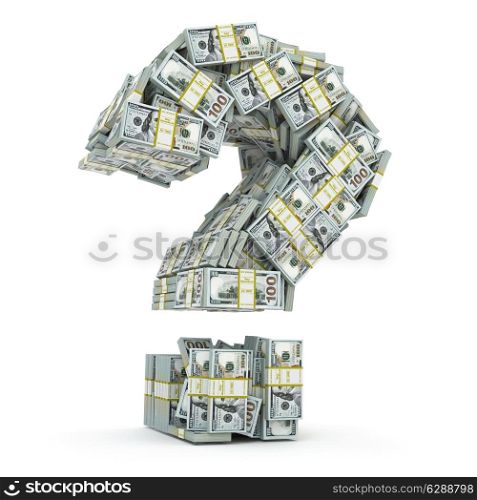 Question sign from packs of dollar isolated on white. Where to invest money concept. 3d