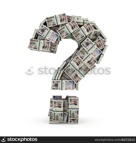 Question sign from packs of yen isolated on white. Where to invest money concept. 3d