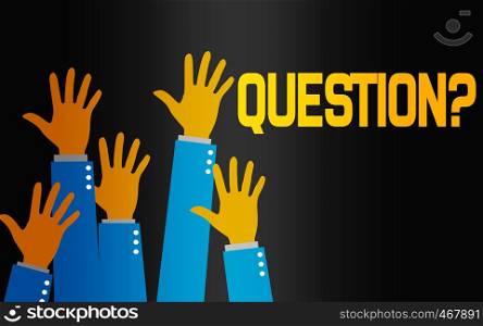 Question word with raising hands, 3d rendering