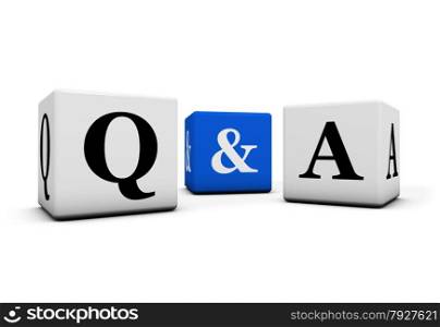 Questions and answers, web faq and business contact center support concept with q and a letter on white and blue cubes isolated on white background.