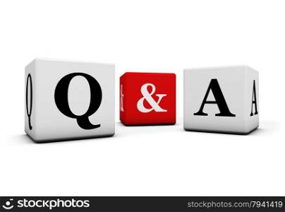 Questions and answers, web faq and business contact center support concept with q and a letter on white and red cubes isolated on white background.