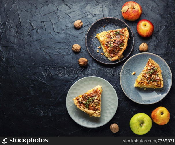 Quiche, an open pie stuffed with apples and cheese. Space for text. Apple tart, copy space