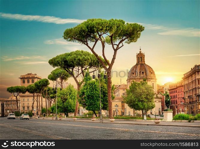Quiet beautiful street in Rome at sunset