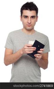 quiet young man showing his wallet with money (isolated on white background)