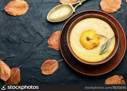 Quince puree or cream soup.Fruit autumn soup. Quince cold dessert soup