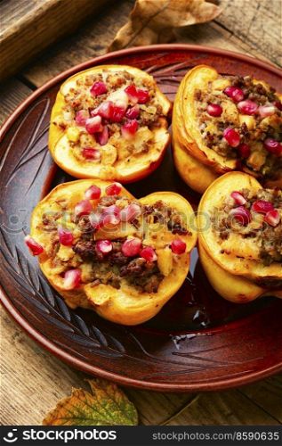 Quince stuffed with minced meat. Autumn recipe. Quince stuffed with ground meat