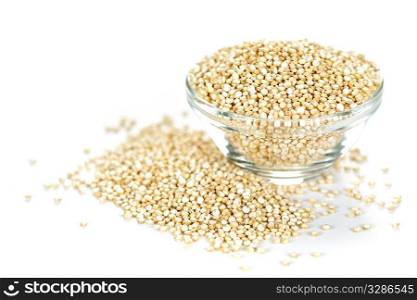 Quinoa grain in glass bowl on white background