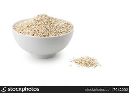 quinoa in white ceramic bowl isolated on white background