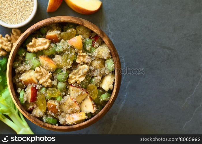 Quinoa Waldorf Salad with apple, celery, yellow raisins and walnut served in bowl, photographed overhead on slate with natural light (Selective Focus, Focus on the top of the salad)