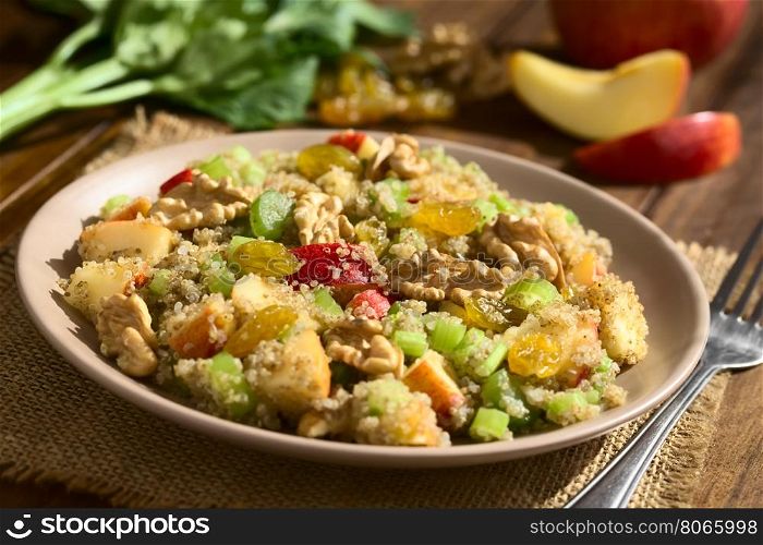 Quinoa Waldorf Salad with apple, celery, yellow raisins and walnut served on plate, ingredients in the back, photographed on dark wood with natural light (Selective Focus, Focus in the middle of the salad)