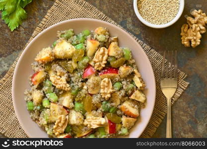 Quinoa Waldorf Salad with apple, celery, yellow raisins and walnut served on plate, photographed overhead on slate with natural light