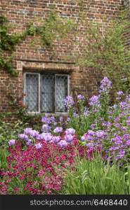 Quintessential English country garden scene landscape with fresh Spring flowers in cottage garden