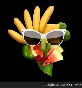 Quirky food concept of cubist style female face in sunglasses made of fruits and vegetables, on black background.