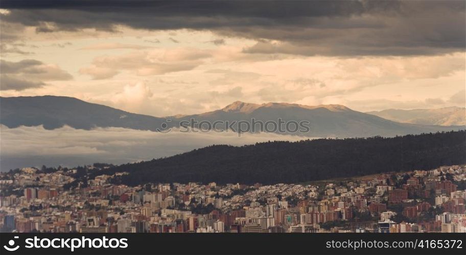 Quito cityscape with a mountain range in the background, Ecuador
