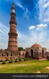 Qutub Minar - the tallest minaret in India, UNESCO World Heritage Site. Qutub Complex, Delhi, India