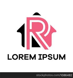 R letter logo design. Letter R in house shape vector illustration. Real estate logo design.