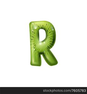 R letter of kiwi fruit isolated ABC symbol. Vector exotic summer fruit with water drops. Letter R of exotic kiwi summer fruit with drops
