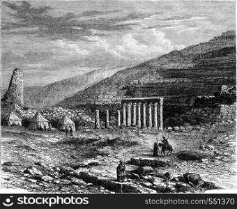 Rabbath Ammon, Ruins of big theater, vintage engraved illustration. Magasin Pittoresque 1867.