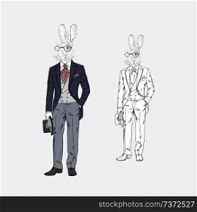 rabbit dressed up in vintage victorian suit, furry art illustration, fashion animals