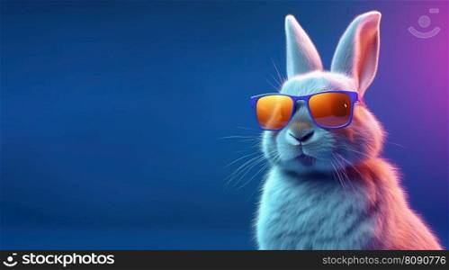Rabbit in sunglasses. Pop art style neon bunny banner with copy space. Generative AI. Rabbit in sunglasses. Pop art style bunny banner with copy space. Generative AI