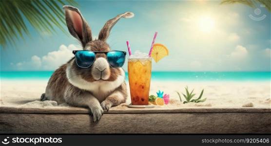 rabbit is on summer vacation at seaside resort and relaxing on summer beach